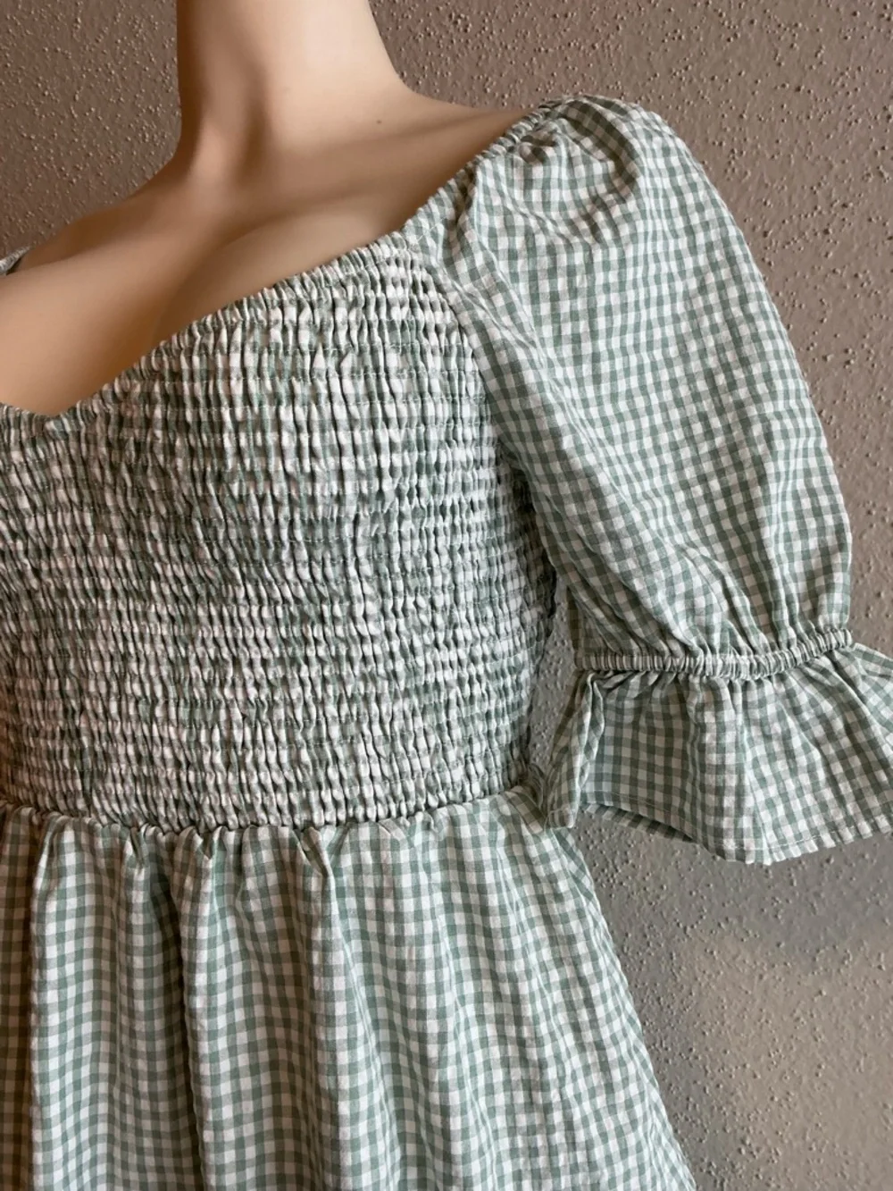 Smocked Gingham Mini Dress in Sage Green - Picture 4 of 8